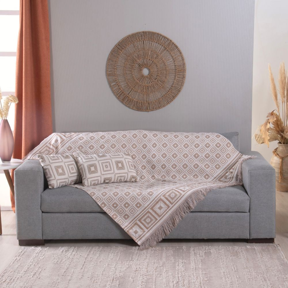 Kit Xale Sofá Com Franja Marrocos 5 Peças 1,35 x 1,35 60% Algodão / 40% Poliéster Jacquard Almofadas Cheias - Cáqui