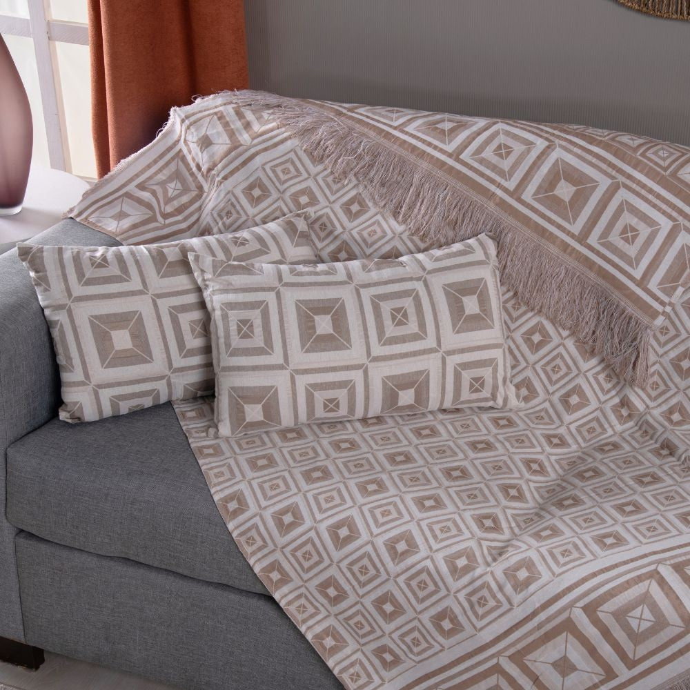 Kit Xale Sofá Com Franja Marrocos 5 Peças 1,35 x 1,35 60% Algodão / 40% Poliéster Jacquard Almofadas Cheias - Cáqui