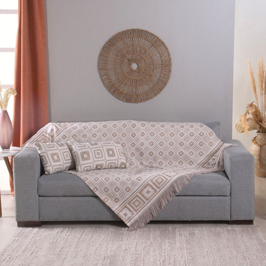 Kit Xale Sofá Com Franja Marrocos 5 Peças 1,35 x 1,35 60% Algodão / 40% Poliéster Jacquard Almofadas Cheias - Cáqui