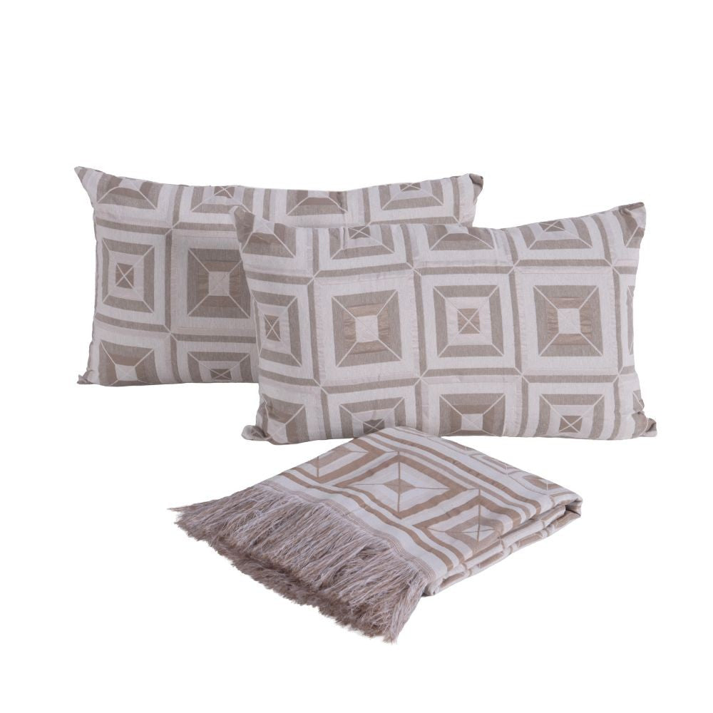 Kit Xale Sofá Com Franja Marrocos 5 Peças 1,35 x 1,35 60% Algodão / 40% Poliéster Jacquard Almofadas Cheias - Cáqui